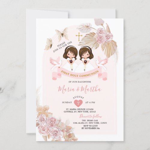 Boho Pink Floral Twin Girl First Holy Communion Invitation