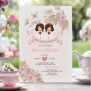 Boho Pink Floral Twin Girl First Holy Communion Invitation