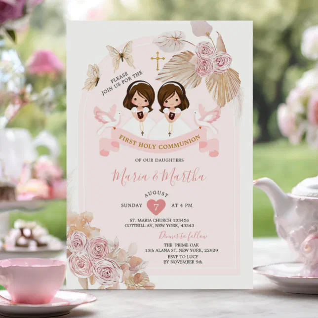 Boho Pink Floral Twin Girl First Holy Communion Invitation | Zazzle