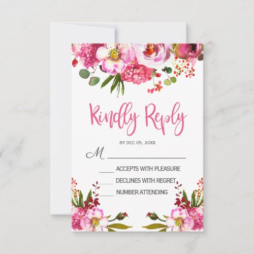 Boho Pink Floral Typography Wedding RSVP card