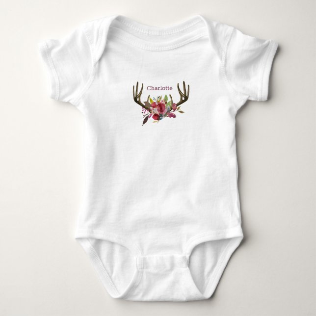 Boho Pink Floral Watercolor Antlers Monogram Baby Bodysuit (Front)