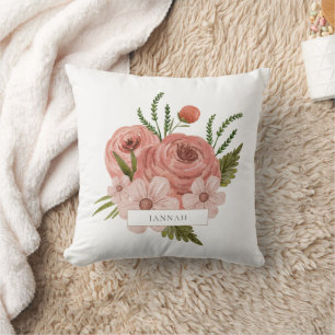 Boho Pink Floral Watercolor Botanical Name Throw Pillow