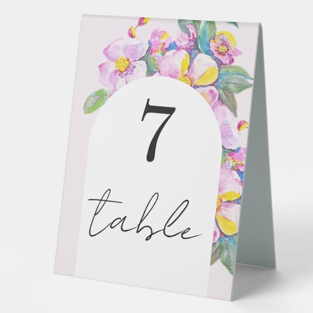 Boho Pink Floral Watercolor Modern Table Tent (Front)