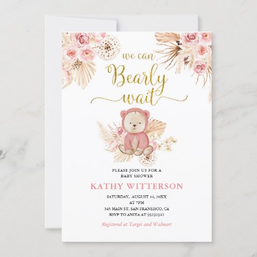 Boho Pink Floral We can Bearly Wait Baby Shower Invitation