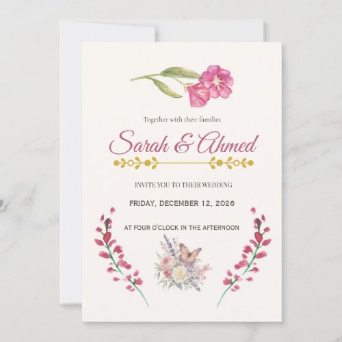Boho Pink Floral Wedding Invitation - Watercolor B