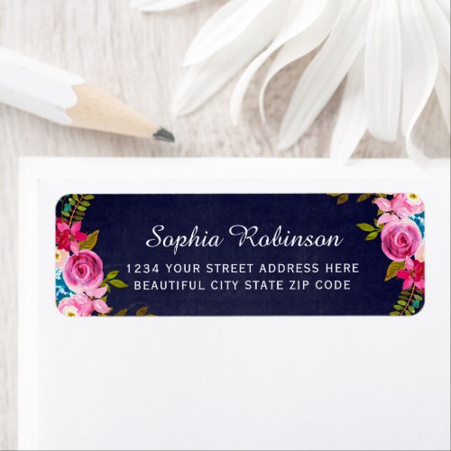 Boho Pink Floral Wedding Navy Return Address Label