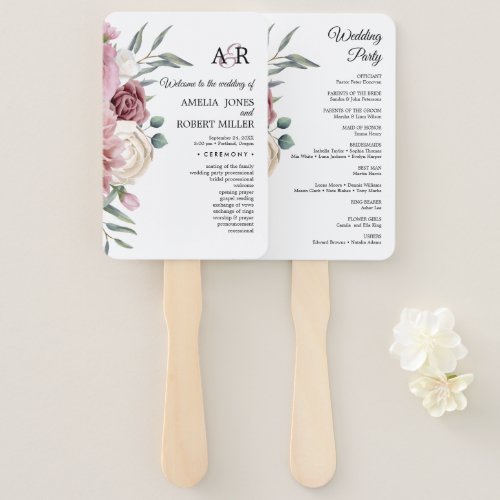 Boho Pink Floral Wedding Program Hand Fan