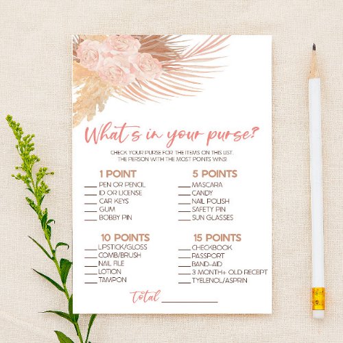 Boho Pink Floral Whats In Purse Baby Shower Game Stationery