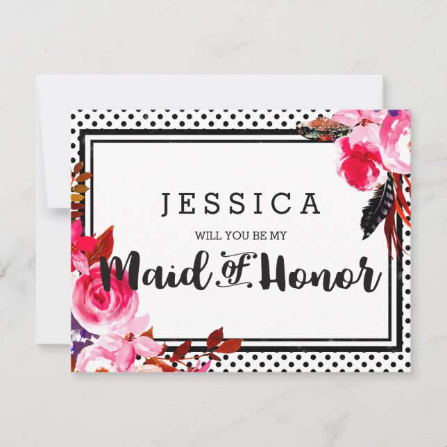 Boho Pink Floral Will You Be My Maid of Honor Invitation (Front)