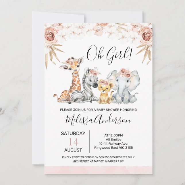 Boho Pink Floral with Palm Leaf Safari Baby Shower Invitation (Front)