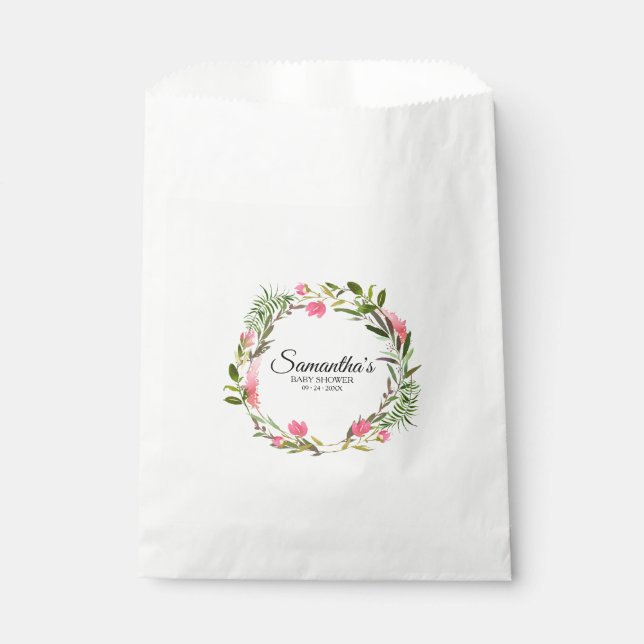 Boho Pink Floral Wreath Baby Shower Favor Bag (Front)