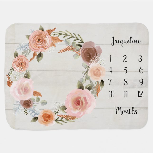 BOHO Pink Floral Wreath Monthly Milestone Girl Baby Blanket (Horizontal)