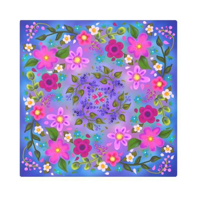 Boho Pink Flowers and Blue Berries Beautiful Metal Print (Front)