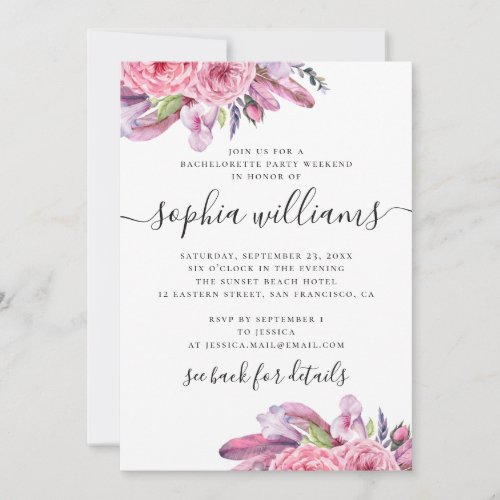 Boho pink flowers and feathers bachelorette party invitation