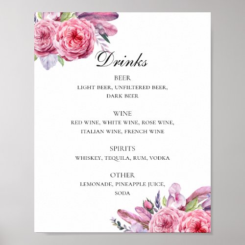 Boho pink flowers and feathers wedding drinks bar poster