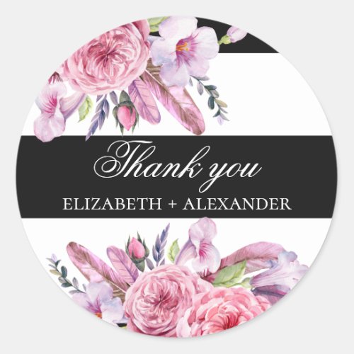 Boho pink flowers and feathers wedding thank you classic round sticker