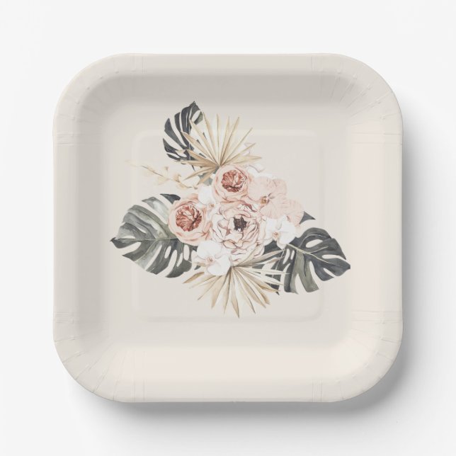 Boho Pink Flowers Birthday Party Paper Plates (Front)