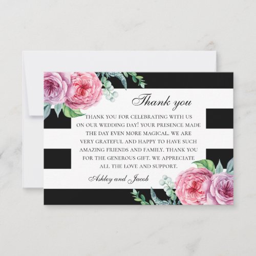 Boho pink flowers Black and white floral wedding Thank You Card