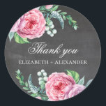 Boho pink flowers. Chalkboard wedding thank you Classic Round Sticker<br><div class="desc">Chalkboard wedding thank you sticker with boho pink flowers. Contact me,  please,  if you need additional items.</div>