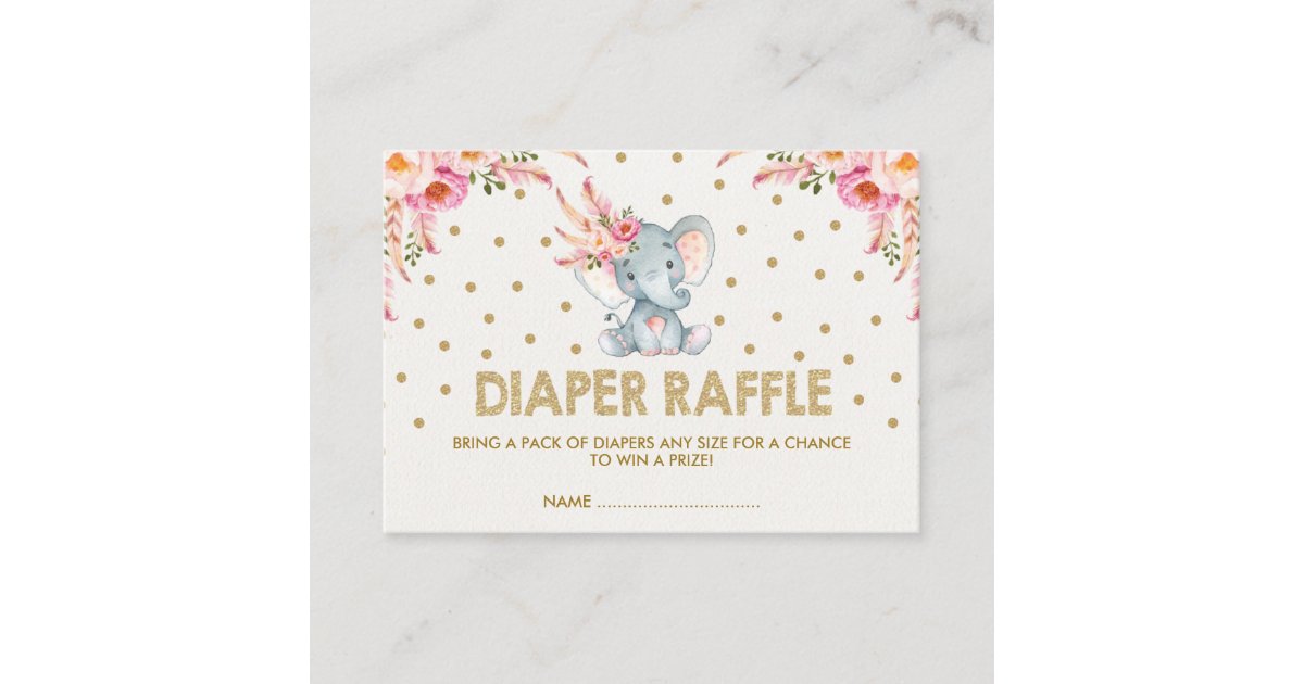Boho Pink Flowers Elephant Diaper Raffle Ticket Enclosure