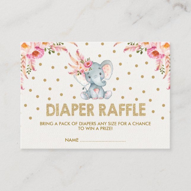 Boho Pink Flowers Elephant Diaper Raffle Ticket Enclosure Card (Front)