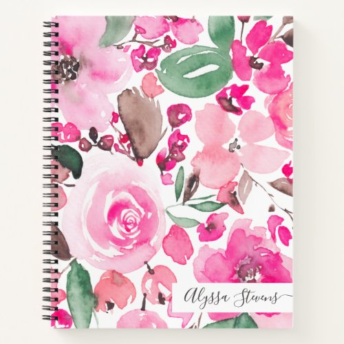 Boho pink flowers floral watercolor pattern notebook