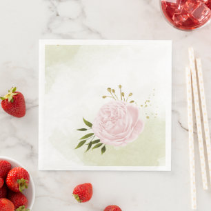 Boho pink flowers green leaves botanical paper dinner napkins