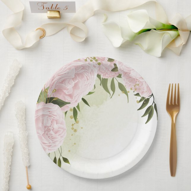 Boho pink flowers green leaves botanical paper plates (Wedding)