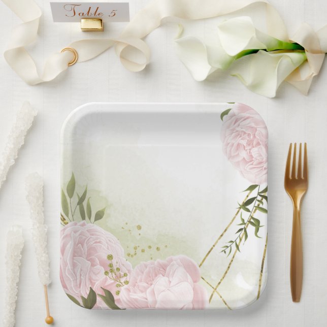 Boho pink flowers green leaves botanical paper plates (Wedding)