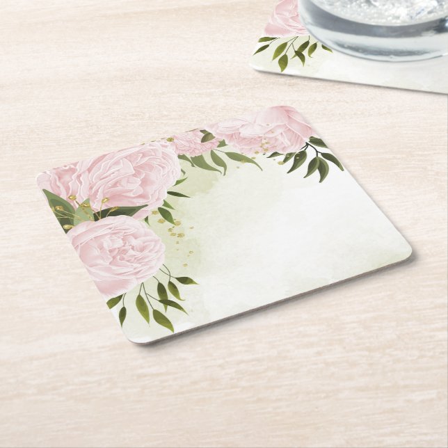 Boho pink flowers green leaves botanical square paper coaster (Angled)