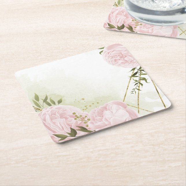 Boho pink flowers green leaves botanical square paper coaster (Angled)