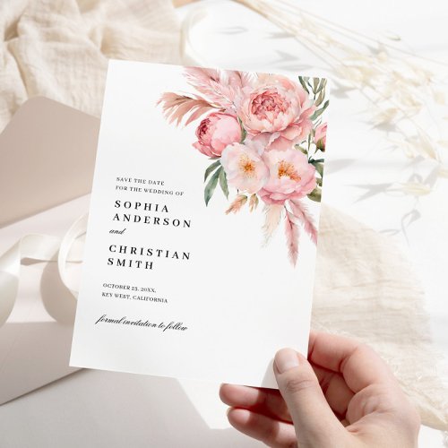 Boho Pink Flowers Pampas Grass Save the Date Invitation