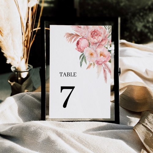 Boho Pink Flowers Pampas Grass  Table Numbers 7