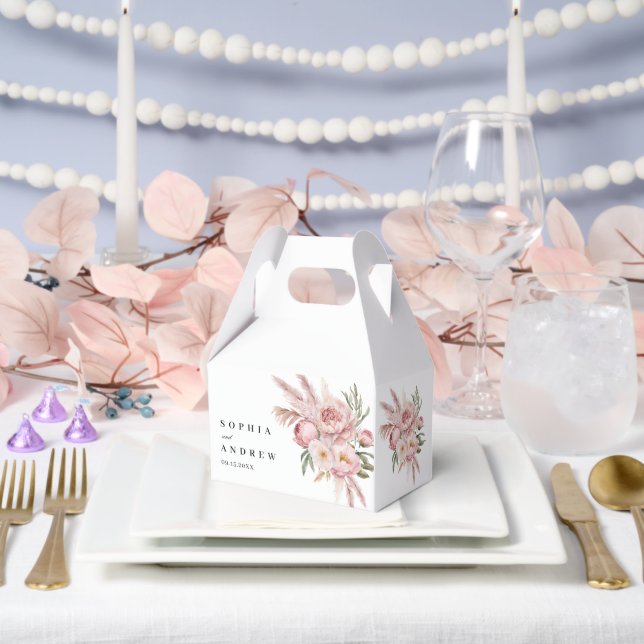 Boho Pink Flowers Pampas Grass Wedding Favor Boxes (Wedding)