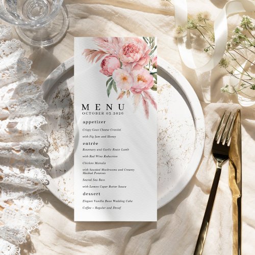 Boho Pink Flowers Pampas Grass Wedding Flat Menu