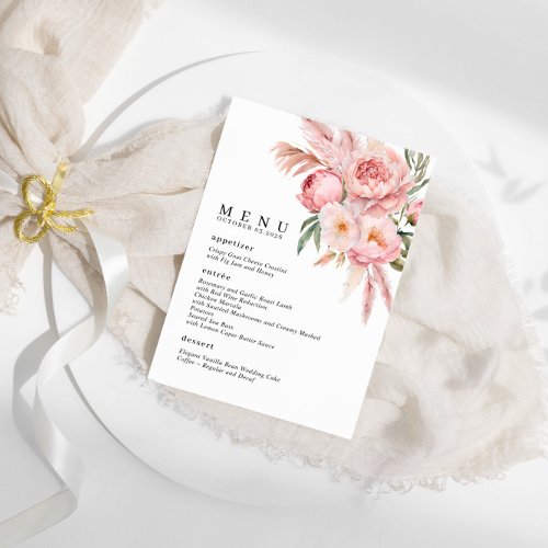 Boho Pink Flowers Pampas Grass Wedding Menu