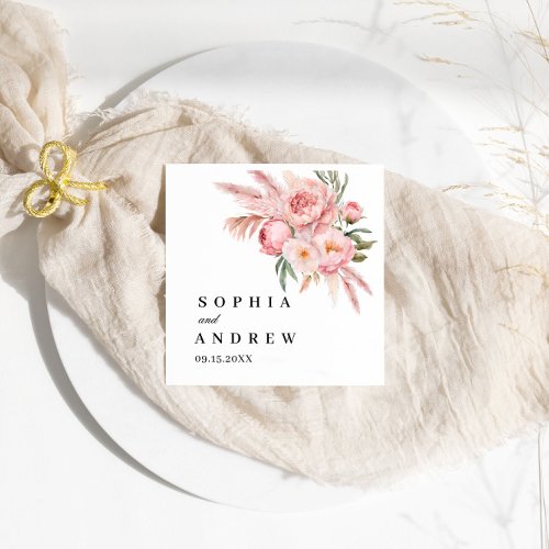 Boho Pink Flowers Pampas Grass Wedding Napkins