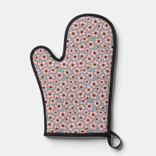 Boho Pink Flowers With Teal Blue Oven Mitt