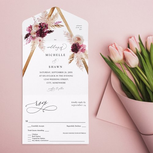 Boho Pink Frame Pampas Grass Floral 2 All In One Invitation