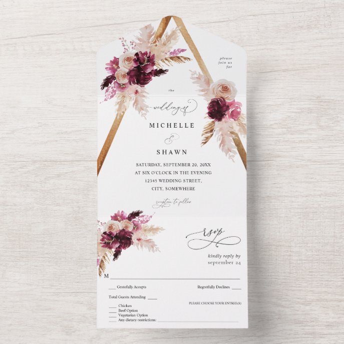 Boho Pink Frame Pampas Grass Floral All In One Invitation