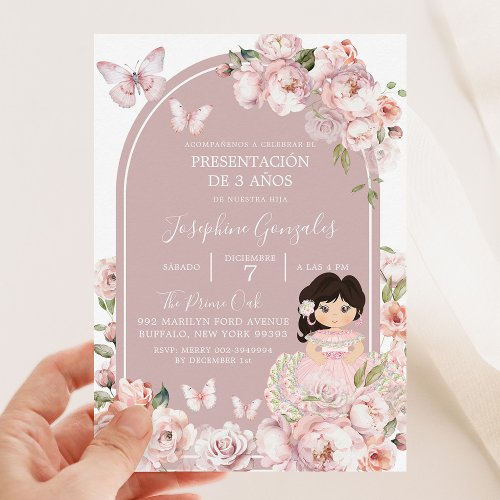 Boho Pink Girl Floral Presentacin De 3 Aos Invitation