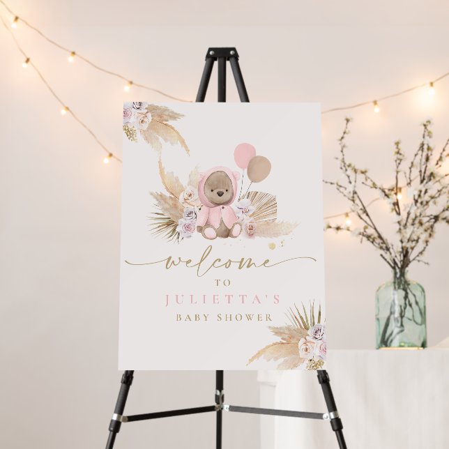 Boho Pink Girl Teddy Bear Baby Shower Welcome Foam Board (In Situ (Stand))