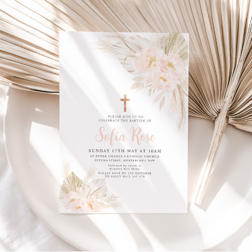 Boho Pink Girls Christening Baptism Invitation