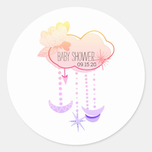Boho Pink Girls Cloud And Moon Baby Shower Classic Round Sticker