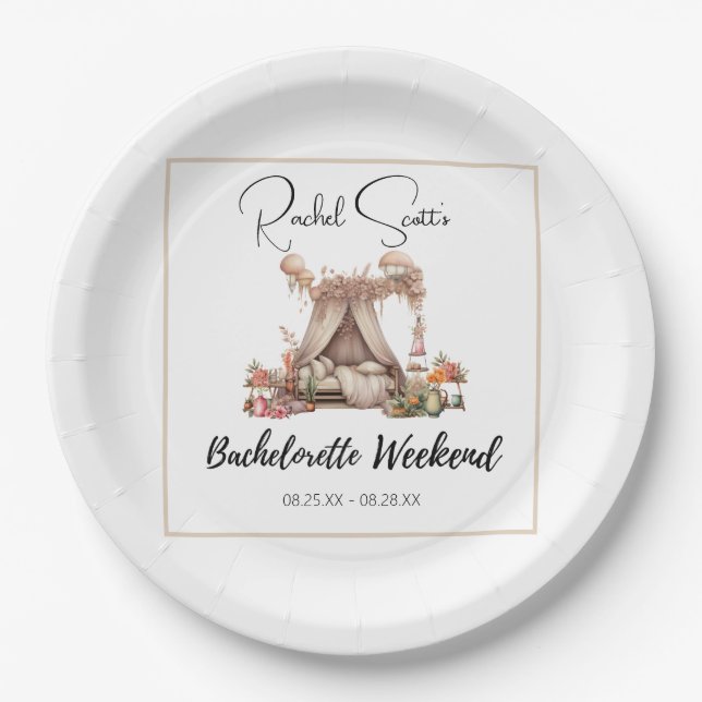 Boho Pink Glamping Bachelorette Party Weekend  Paper Plates (Front)