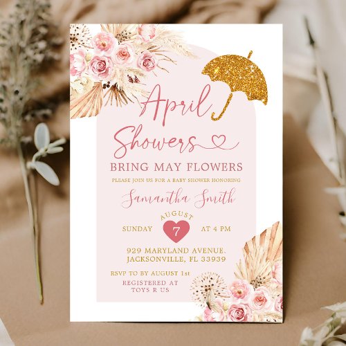 Boho Pink Gold April Showers Baby Shower Invitation