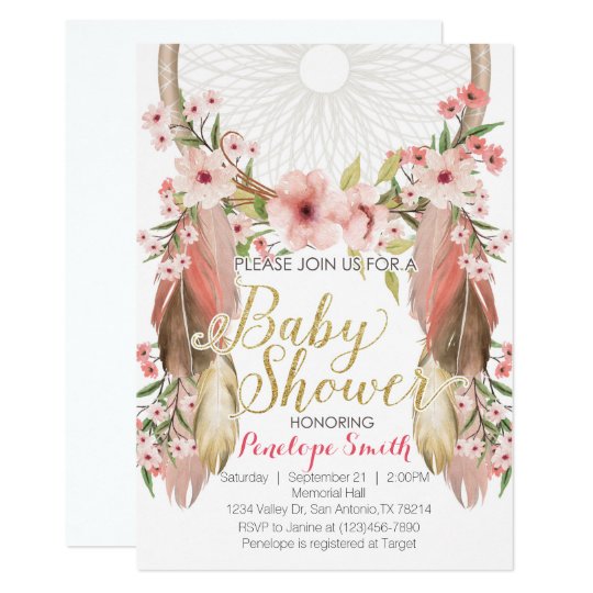 Boho Pink Gold Dreamcatcher Baby Shower Invitation Zazzle Com