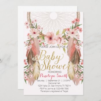 Boho Pink Gold Dreamcatcher Baby Shower Invitation by PerfectPrintableCo at Zazzle