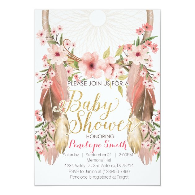 Boho Pink Gold Dreamcatcher Baby Shower Invitation
