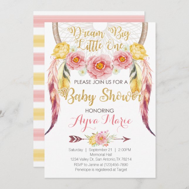 Boho Pink Gold Dreamcatcher Baby Shower Invitation (Front/Back)